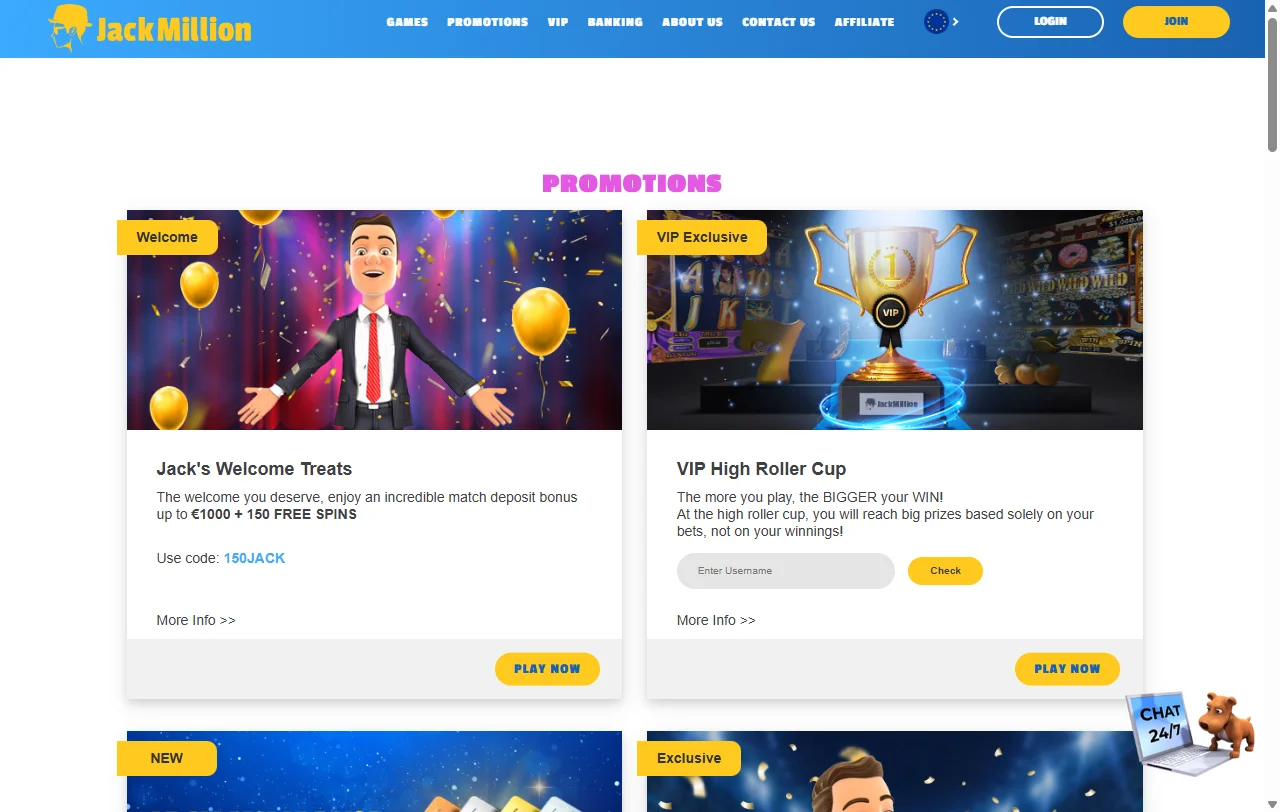 Welcome bonus and promotional offers displayed on Jack Million Casino desktop platform - bonus structure details