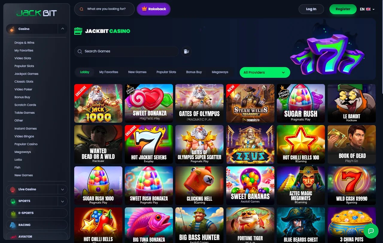 Game library featuring slots and table games available at Jackbit Casino for Australia