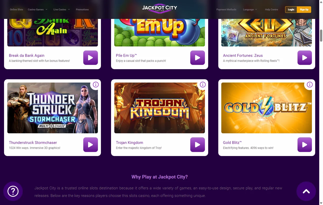 Online slots, table games and live dealer offerings available at Jackpot City Casino Australia