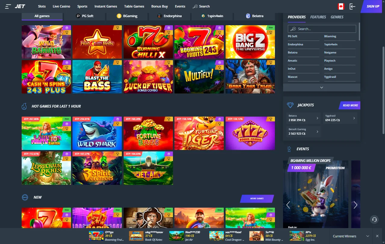 Game library selection at Jet Casino Australia featuring 3,000+ titles from major providers