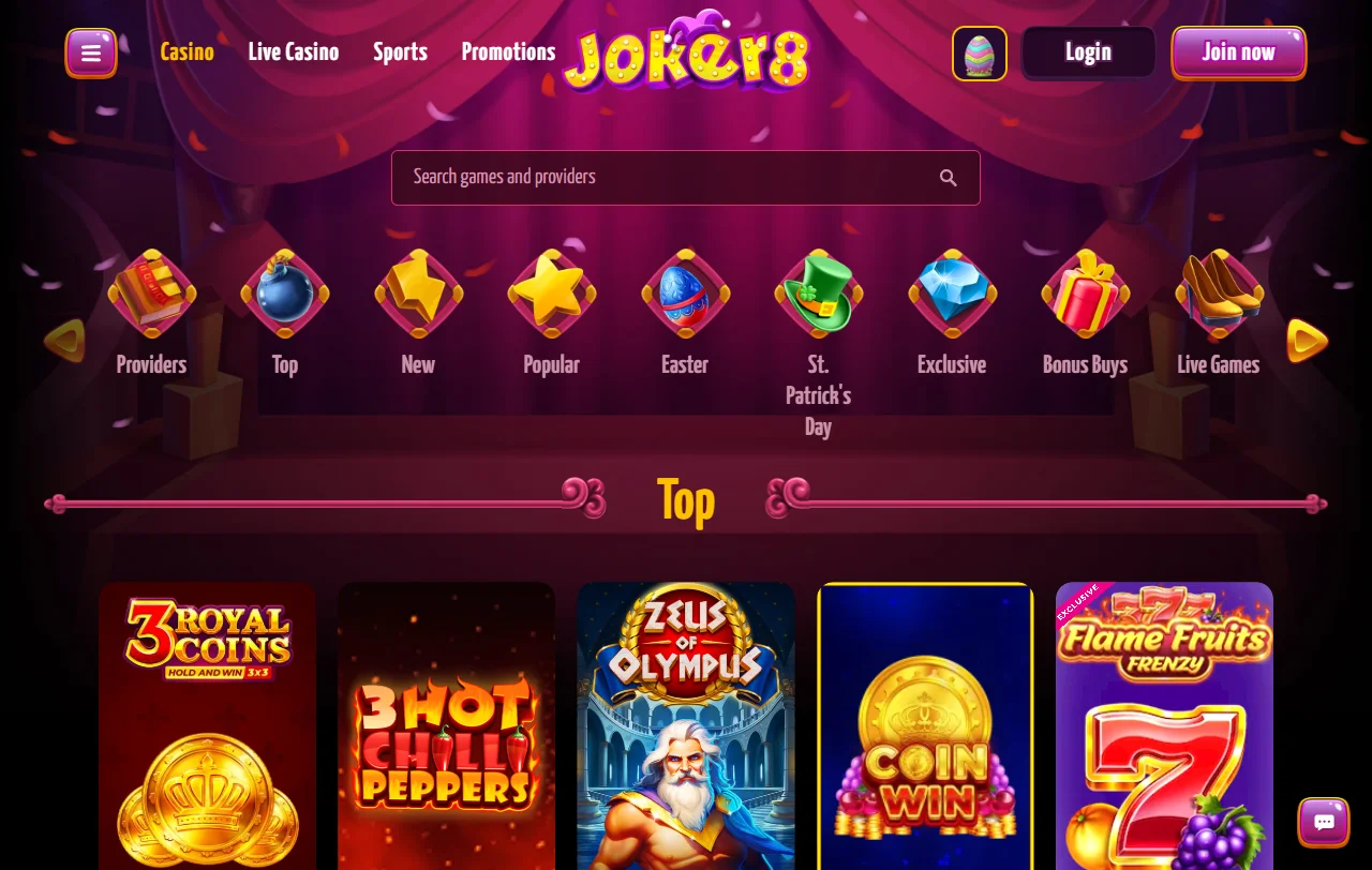 Joker8 Casino game library featuring approximately 3,000 titles from Pragmatic Play and Evolution Gaming