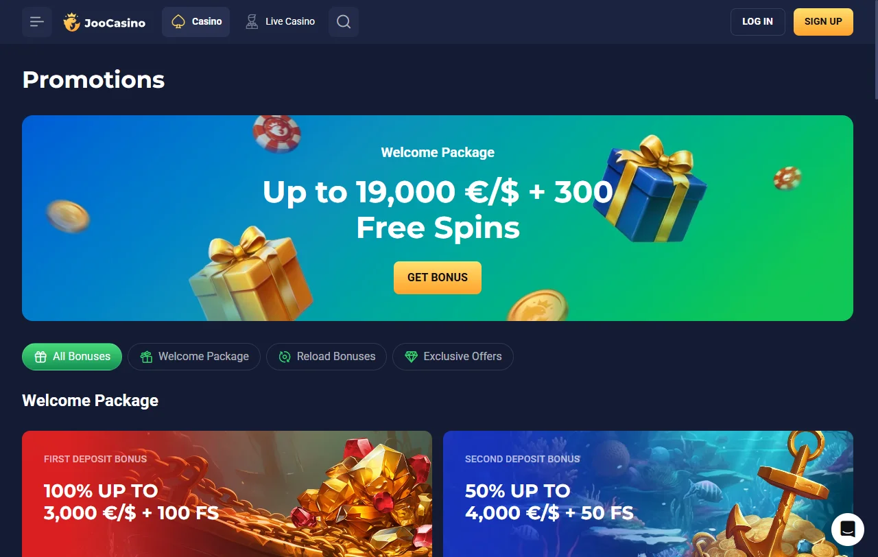 Welcome bonus structure and promotions at Joo Casino with 100% match and free spins offer