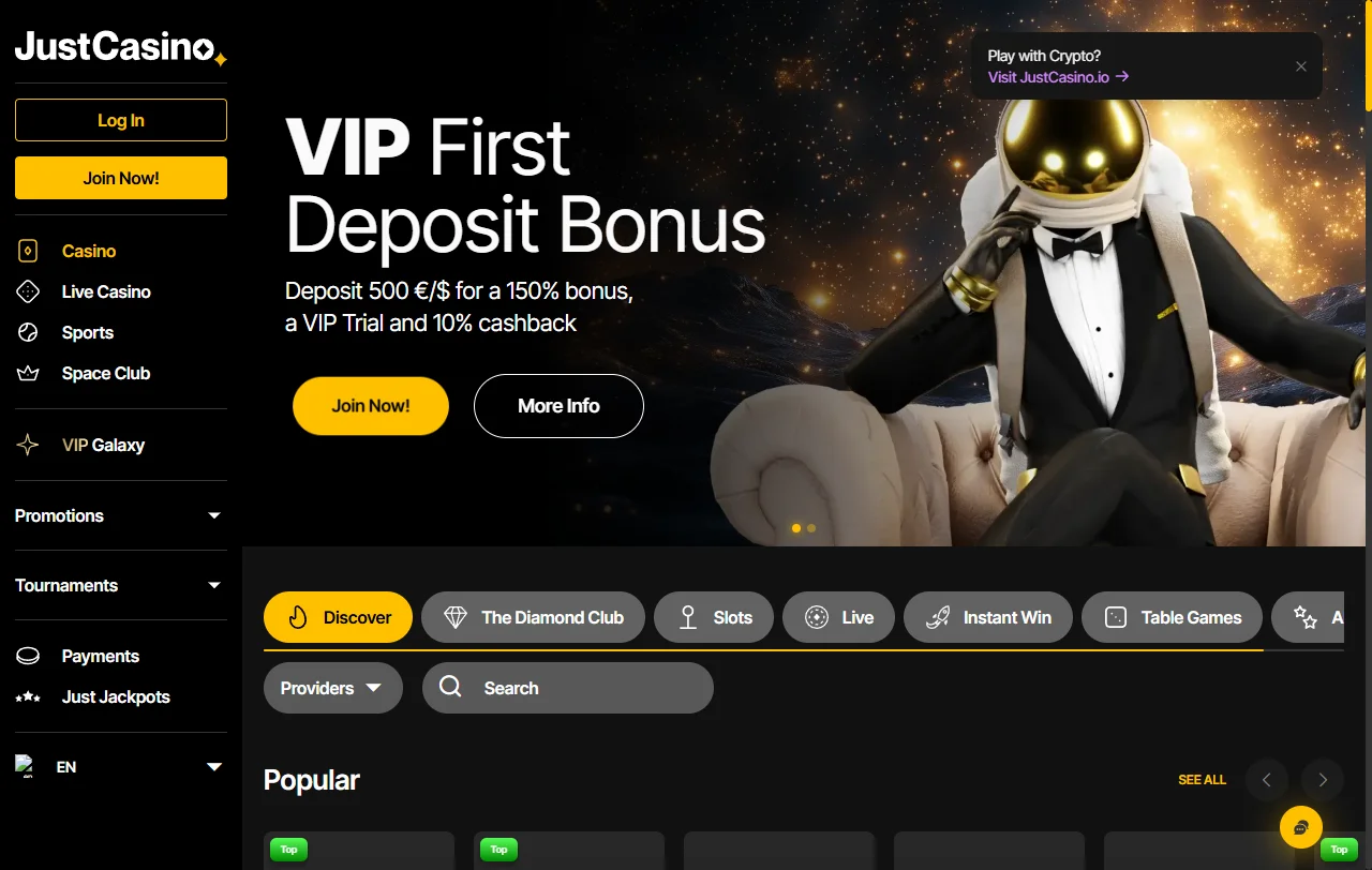 Just Casino full platform review showing complete gaming interface and features