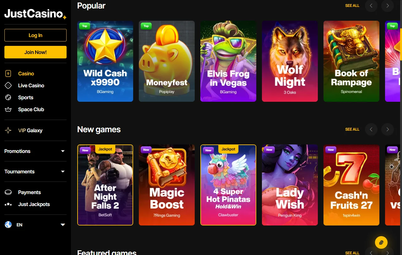 Game library at Just Casino featuring slots and live dealer titles from multiple providers