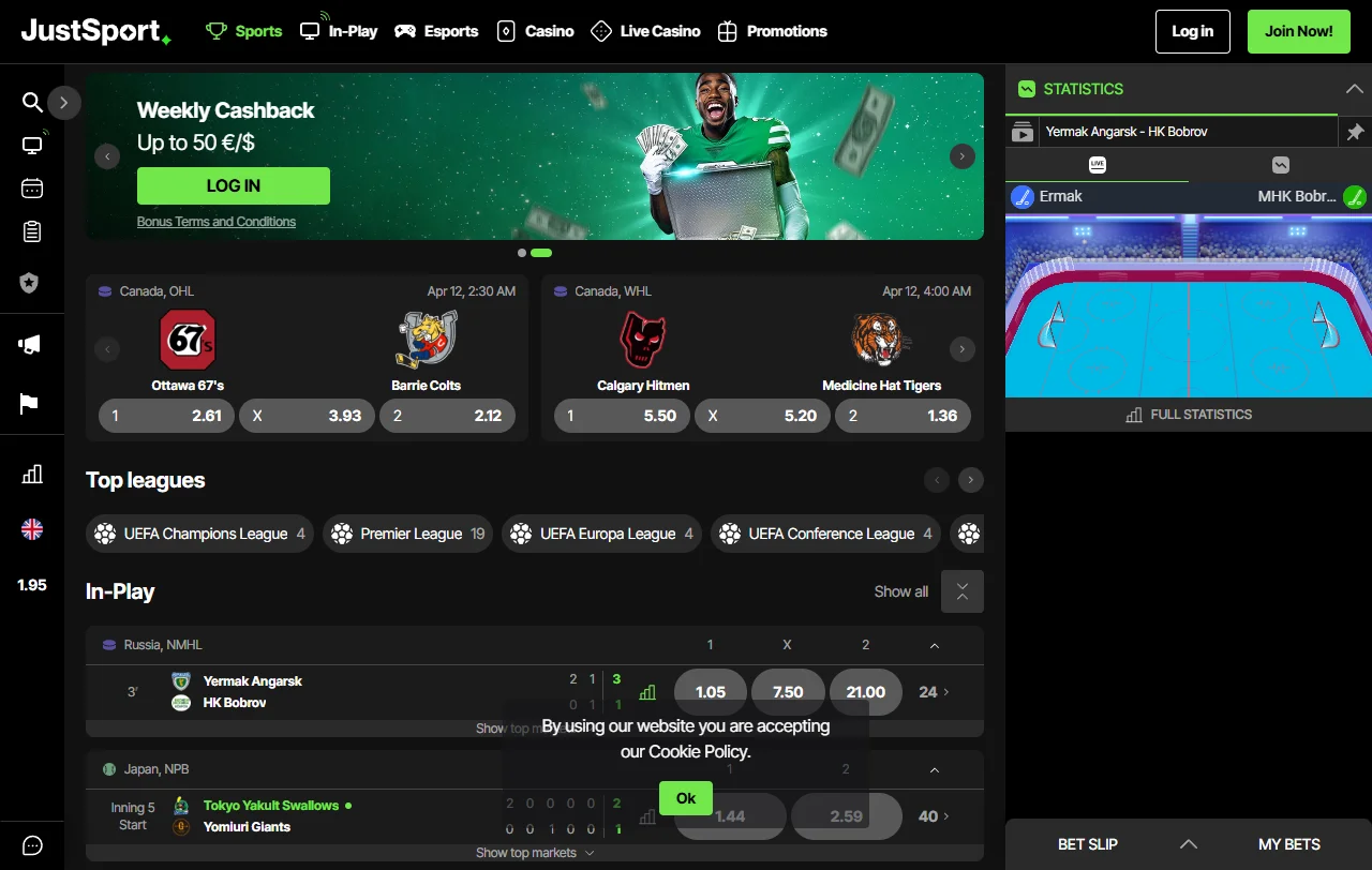 Welcome bonus section of Just Casino displaying 100% match offer and free spins promotion