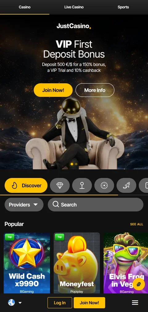 Just Casino mobile browser platform optimised for iOS and Android smartphone gaming