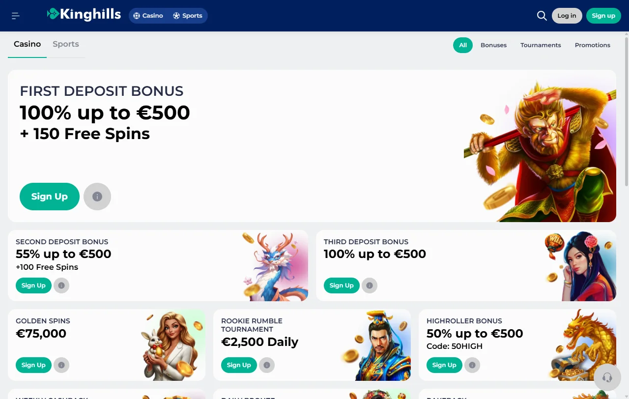 KingHills Casino game library featuring slots, table games and live dealer offerings from major providers