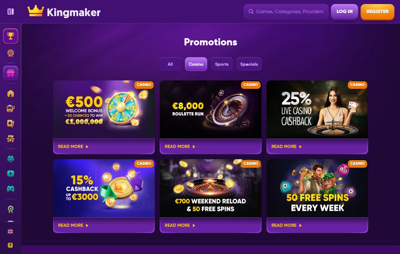 Slot games and table game selection at Kingmaker Casino showing provider logos and game categories