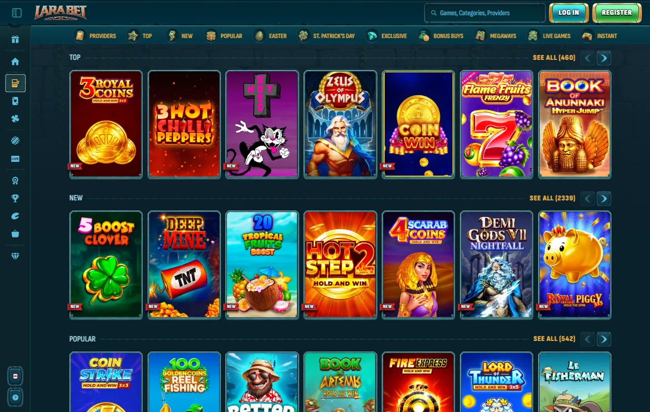 LaraBet Casino game library featuring slots and live dealer titles from Pragmatic Play and Evolution Gaming