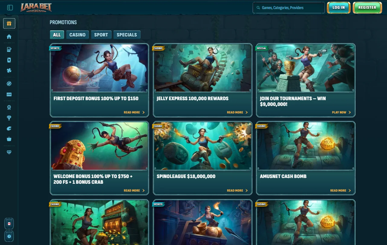 LaraBet Casino welcome bonus promotion displaying 100% match and free spins offer