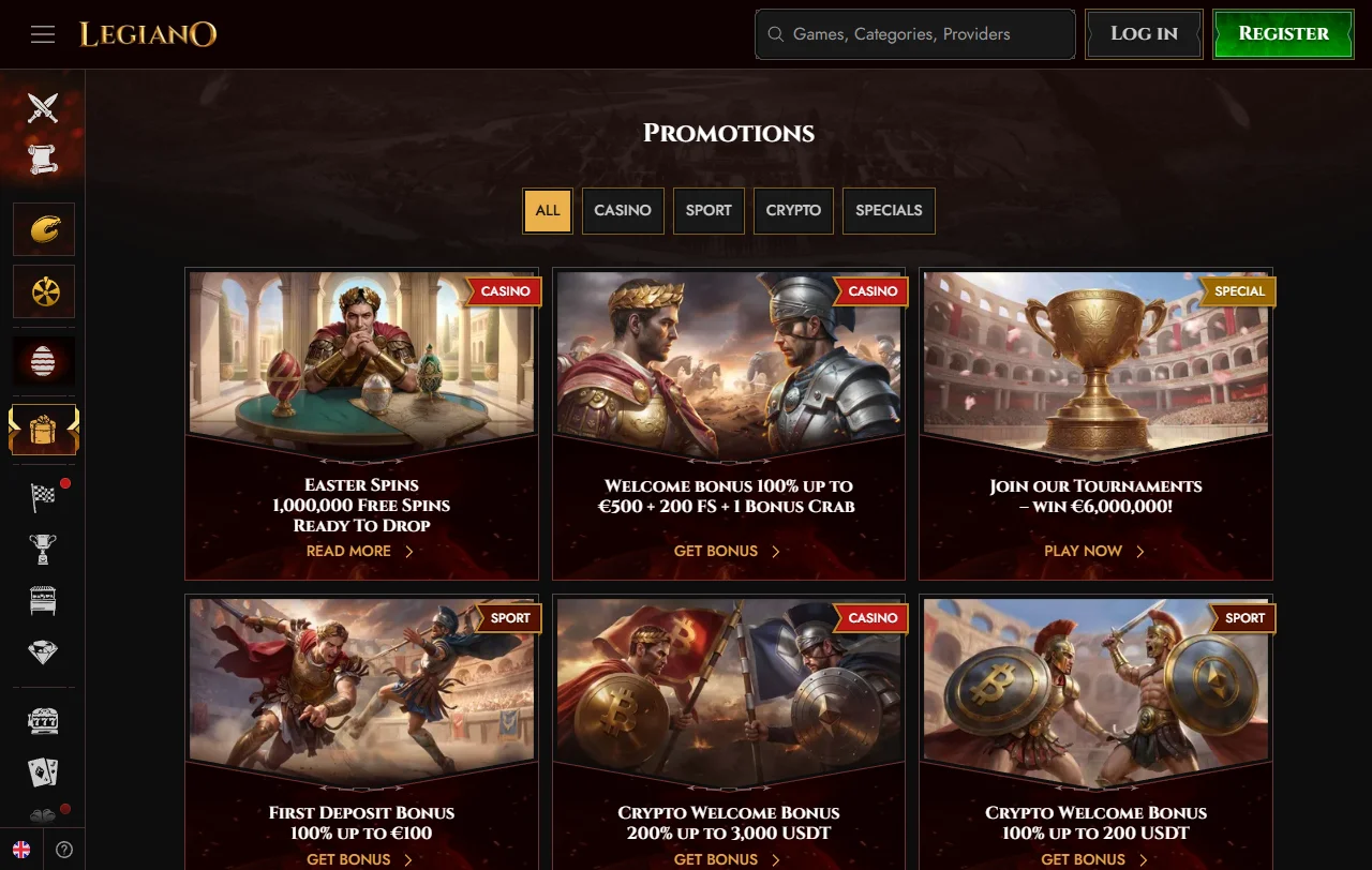 Legiano Casino slots and table games collection featuring Pragmatic Play and NetEnt titles