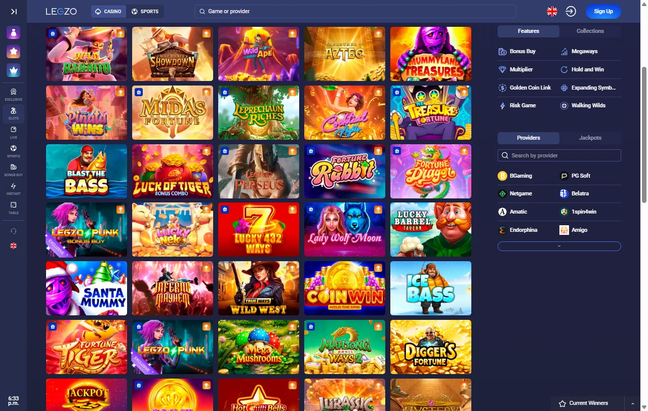 Legzo Casino game library featuring 3,500+ slots and table games from Pragmatic Play and Evolution Gaming