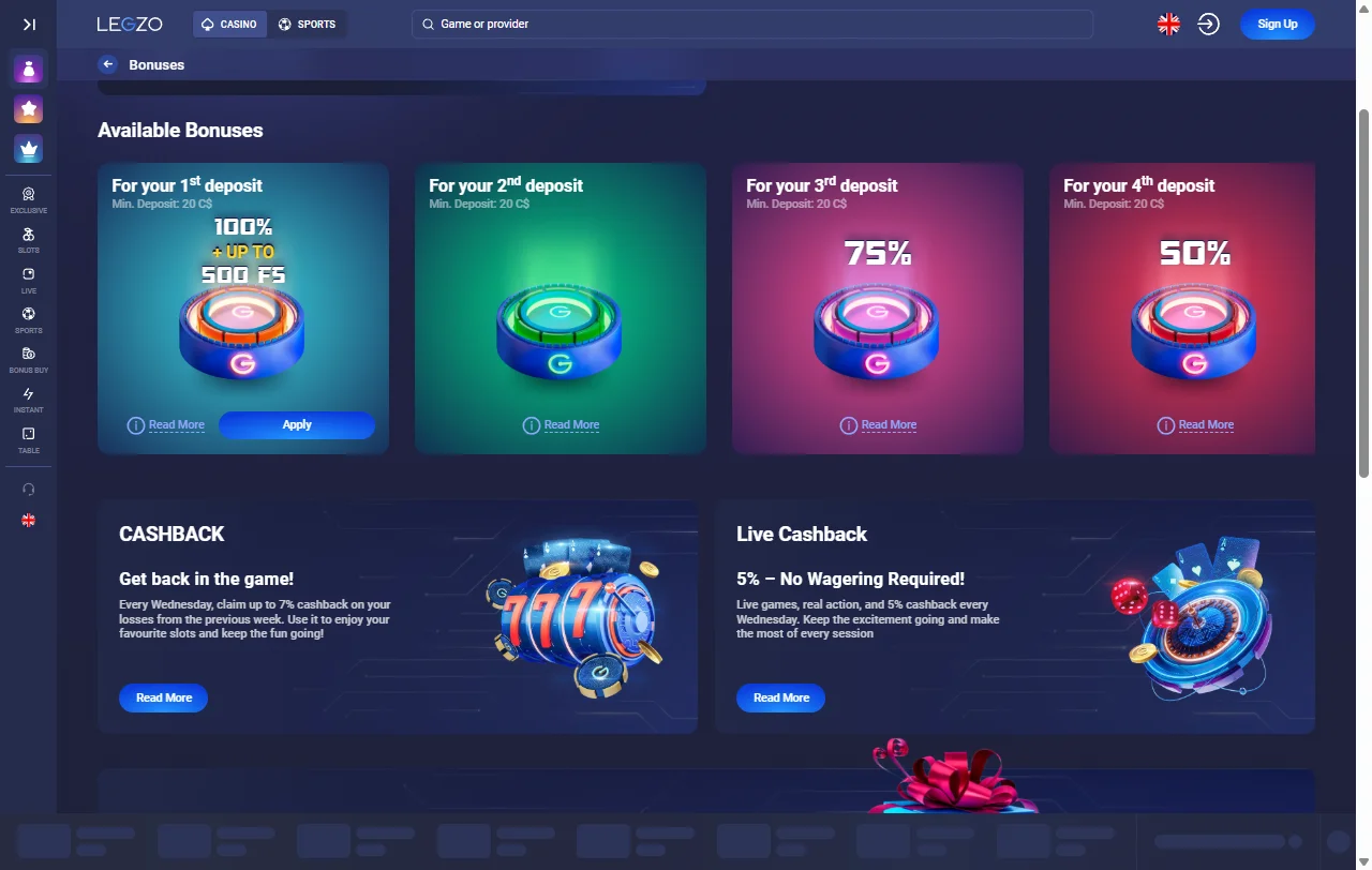 Legzo Casino welcome bonus promotion offering 100% match up to AUD $1,000 plus 100 free spins
