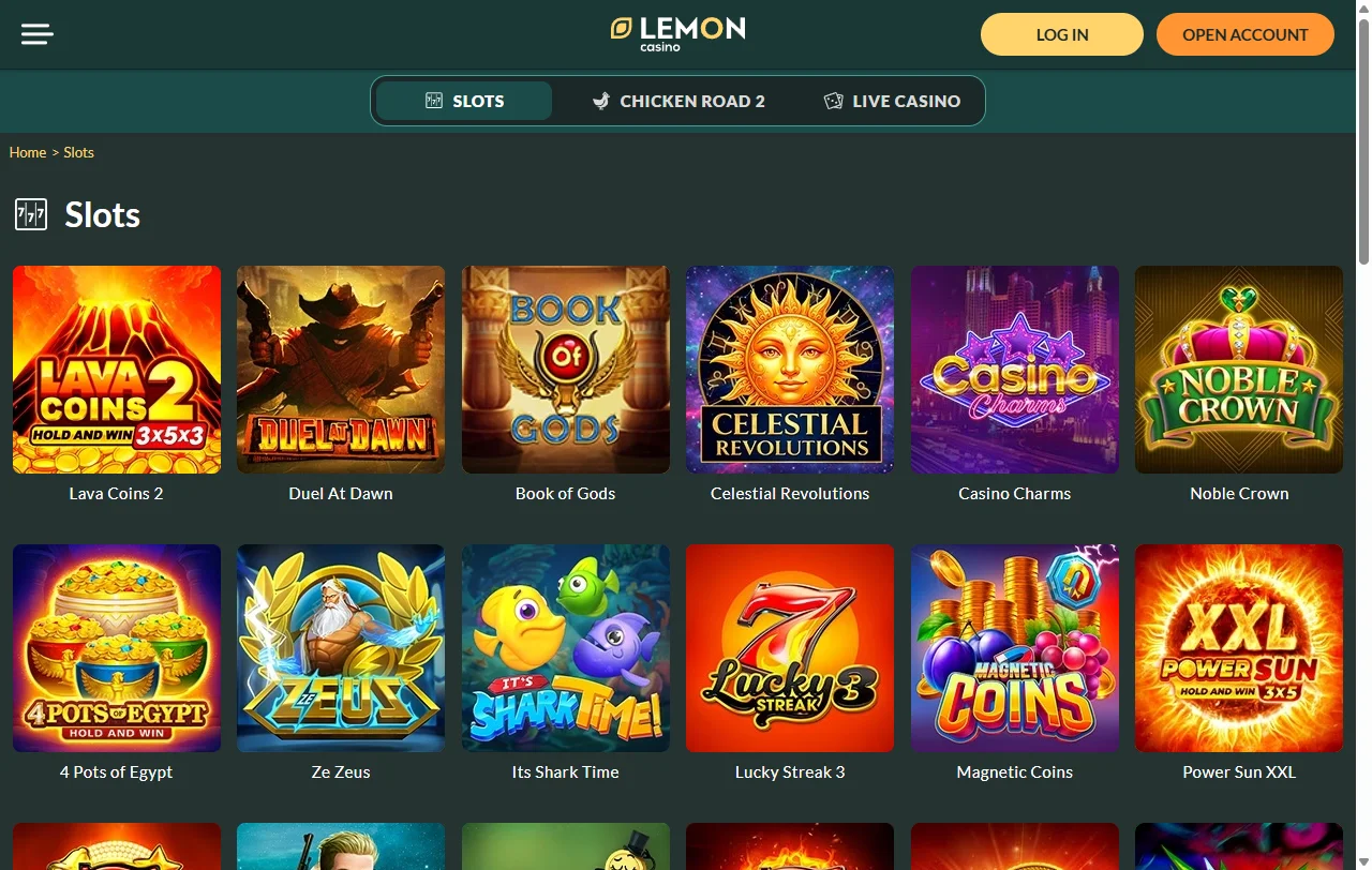 Game library interface displaying Lemon Casino slot titles and provider diversity