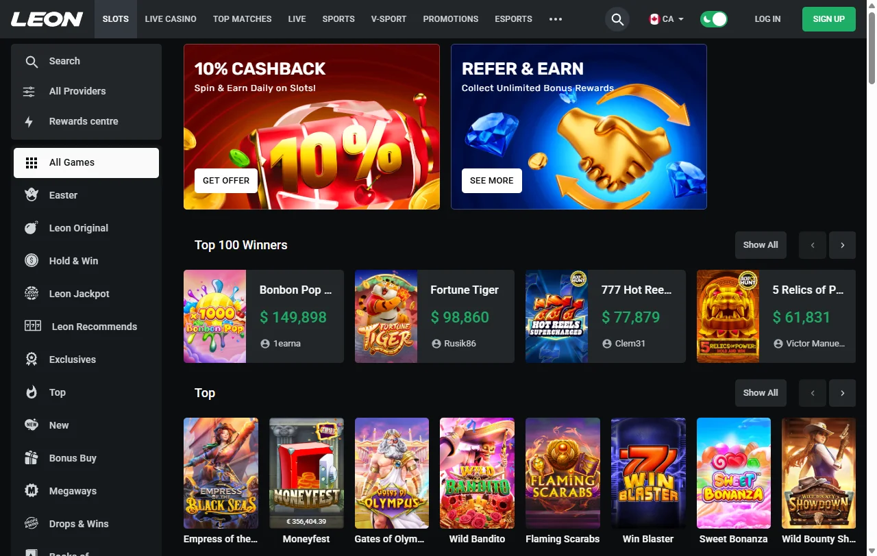 Slots, table games and live dealer titles available through Leon Casino platform