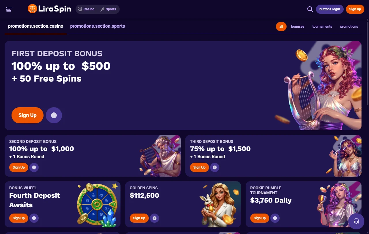 Slots, table games and live dealer entertainment available at Liraspin Casino