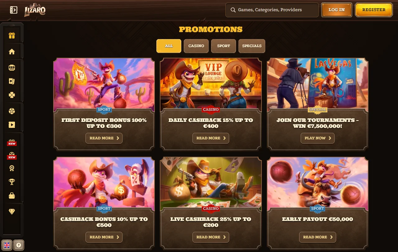 Lizaro Casino game selection spanning 3,000+ slots, table games, and live dealer options from Pragmatic Play and Evolution Gaming