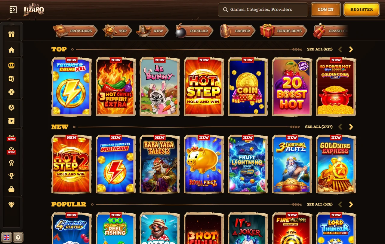 Lizaro Casino welcome bonus offer displaying 150% match and free spins promotion with transparent wagering terms