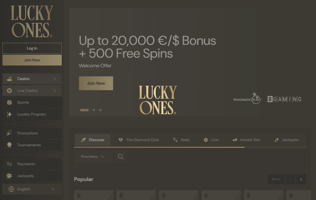 Lucky Ones Casino comprehensive platform review showing full feature set and navigation interface