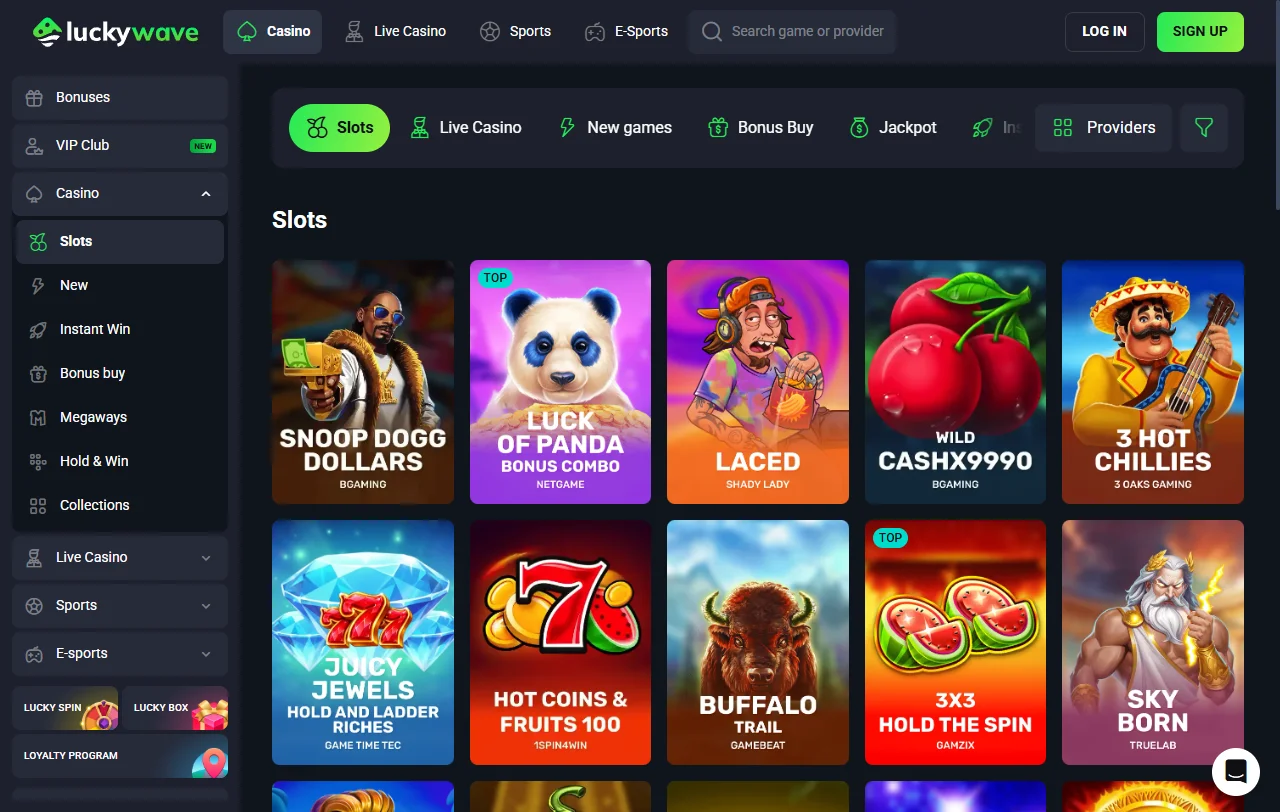 Game selection and software providers featured at LuckyWave Casino including Pragmatic Play and Evolution
