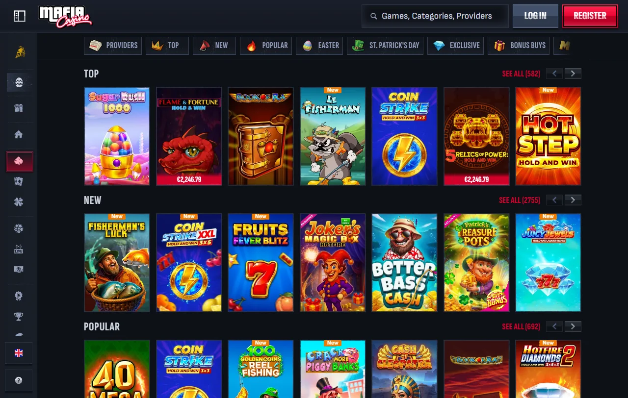 Slot machine collection and live dealer tables featured at Mafia Casino with provider logos
