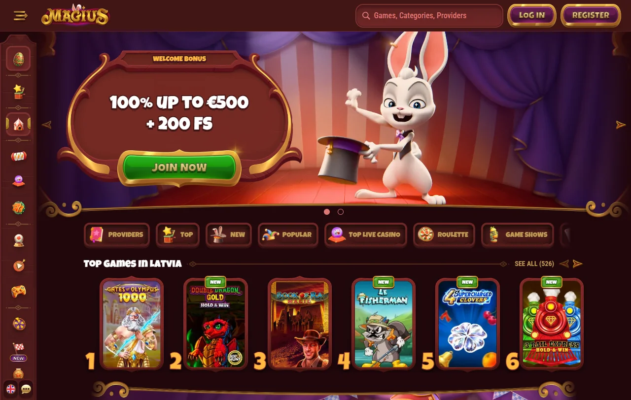 Magius Casino desktop platform overview showing main lobby, game categories, and navigation menu