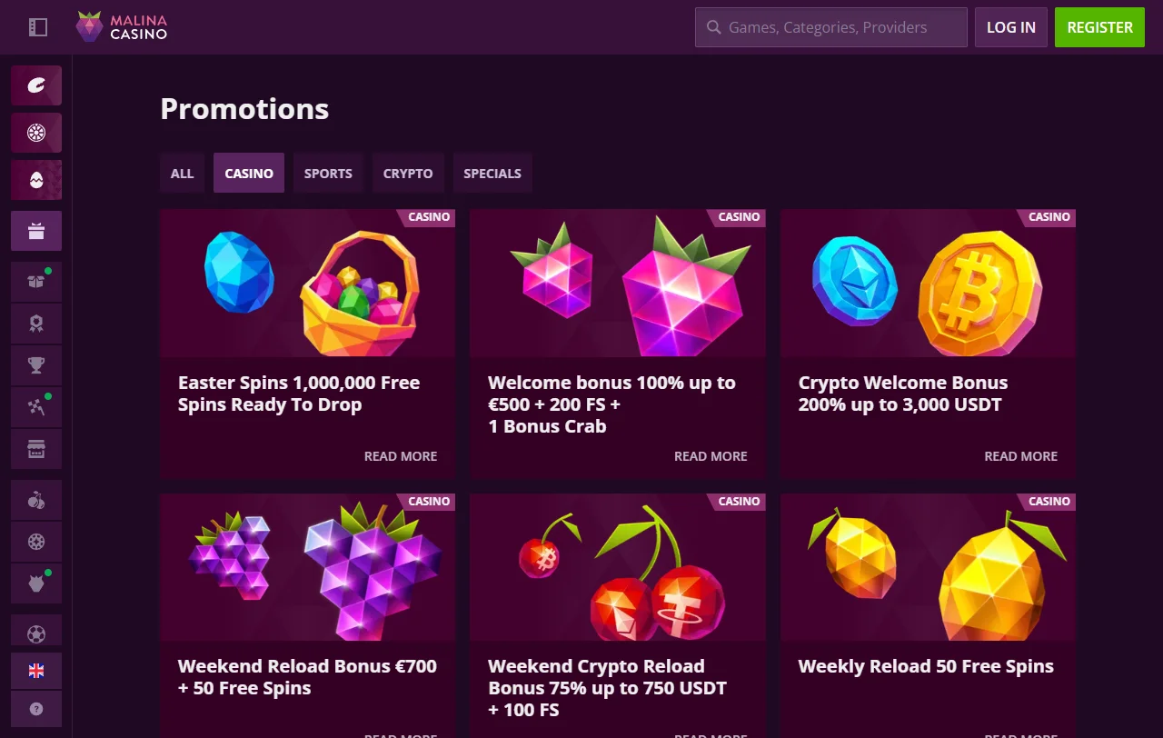Slots and live dealer games available at Malina Casino with provider information