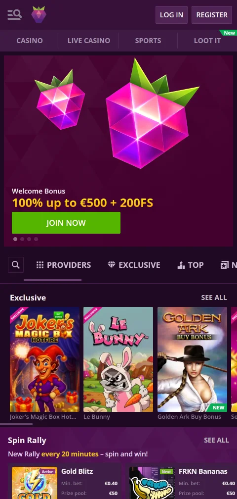 Malina Casino mobile browser interface for smartphone and tablet gaming