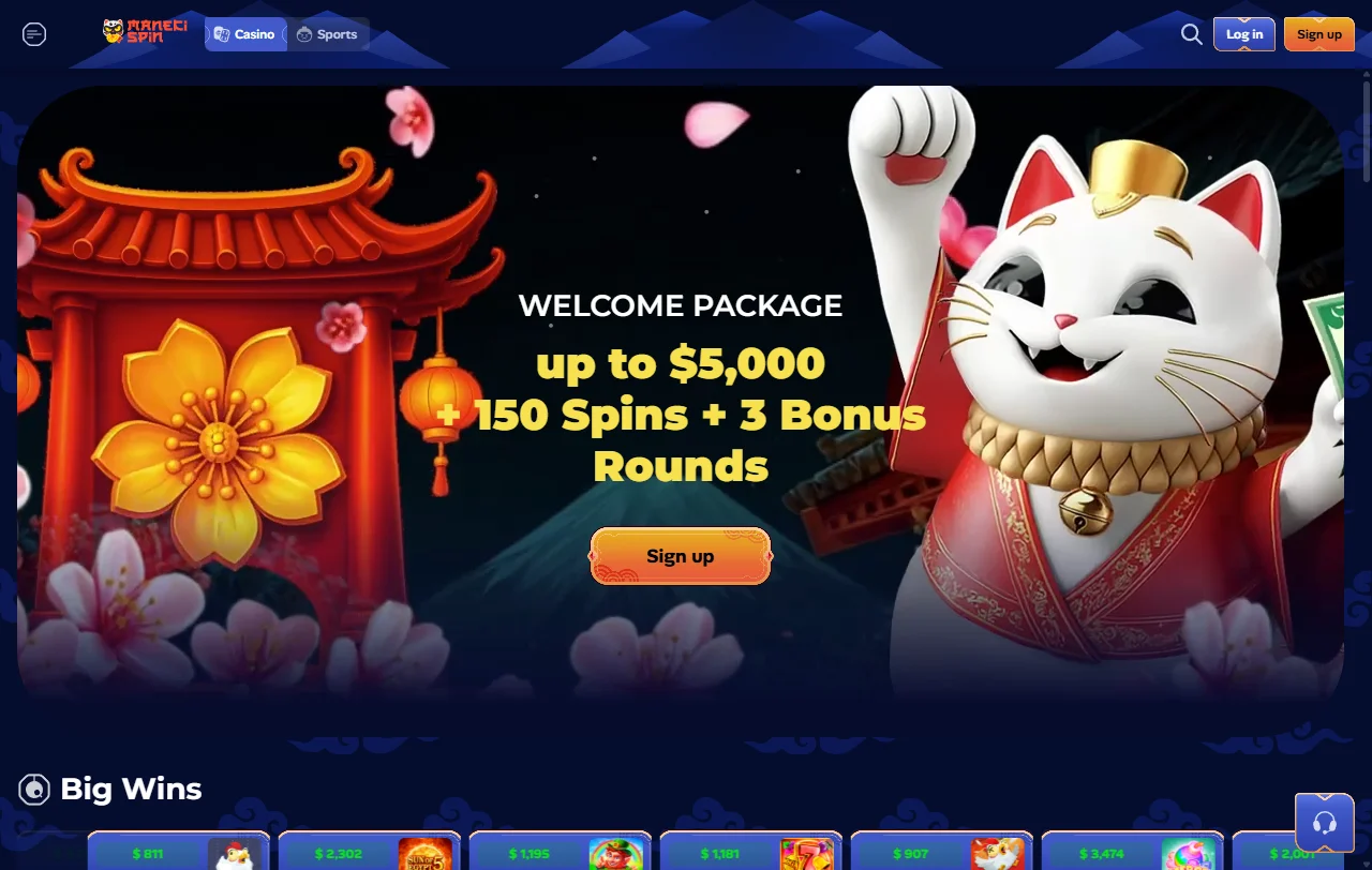 Manekispin Casino desktop platform overview showing complete gaming interface and main menu navigation