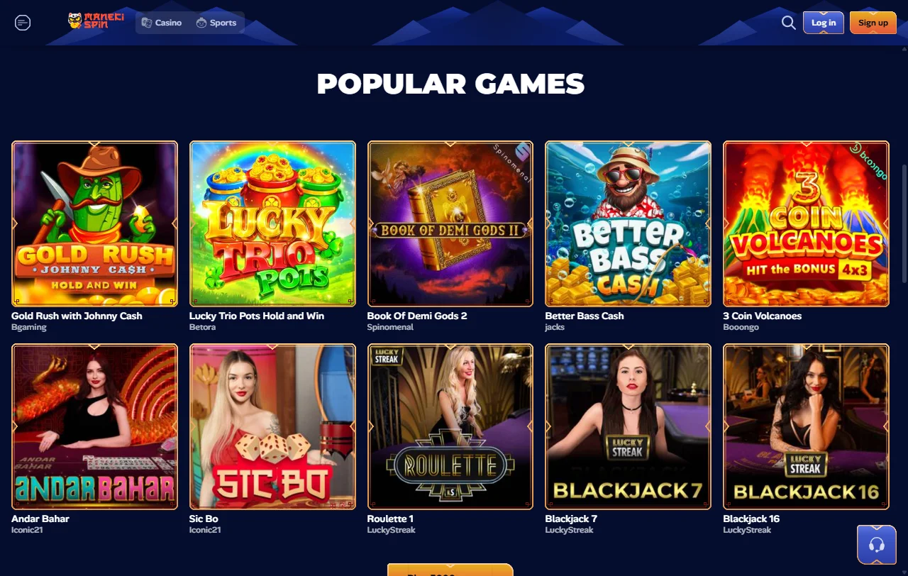 Manekispin Casino online slots and table games library with provider filters and search functionality