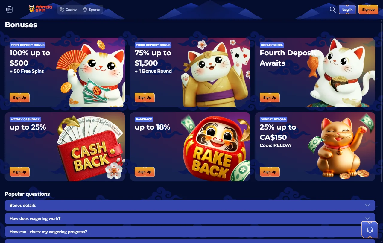 Manekispin Casino welcome bonus offer and promotional banners displayed on homepage
