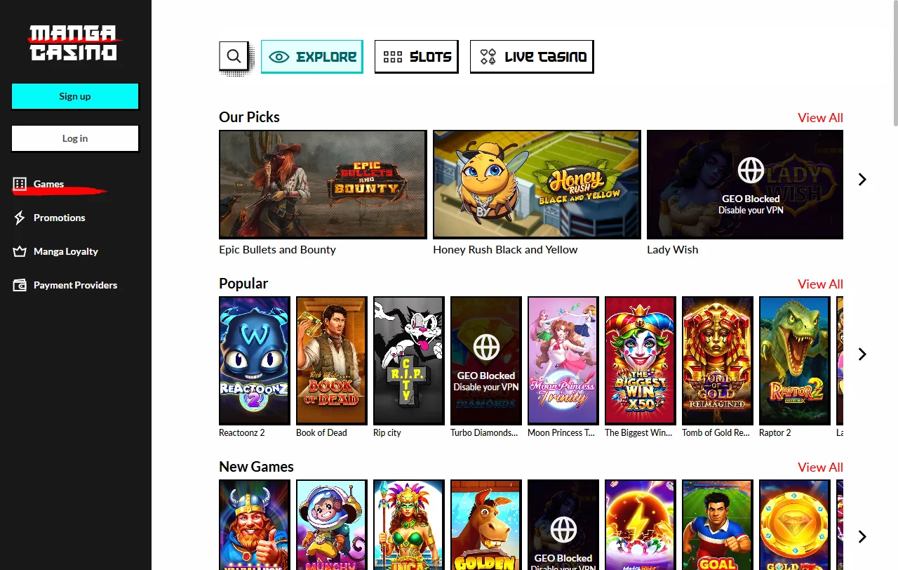 Slots and live dealer games available at Manga Casino with provider logos and game titles