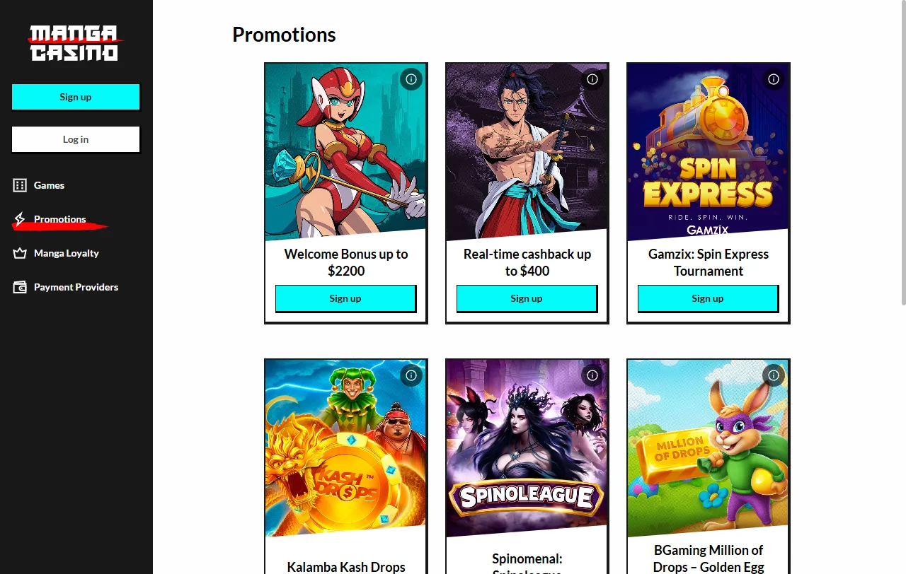Welcome bonus offer and promotional terms displayed on Manga Casino registration