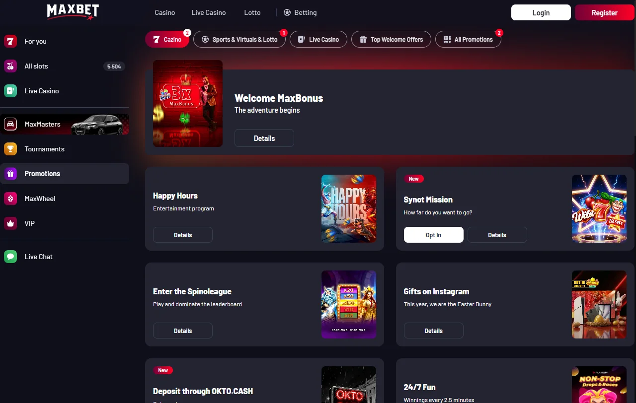 Extensive game collection at Maxbet Casino including slots, live dealer and table game offerings