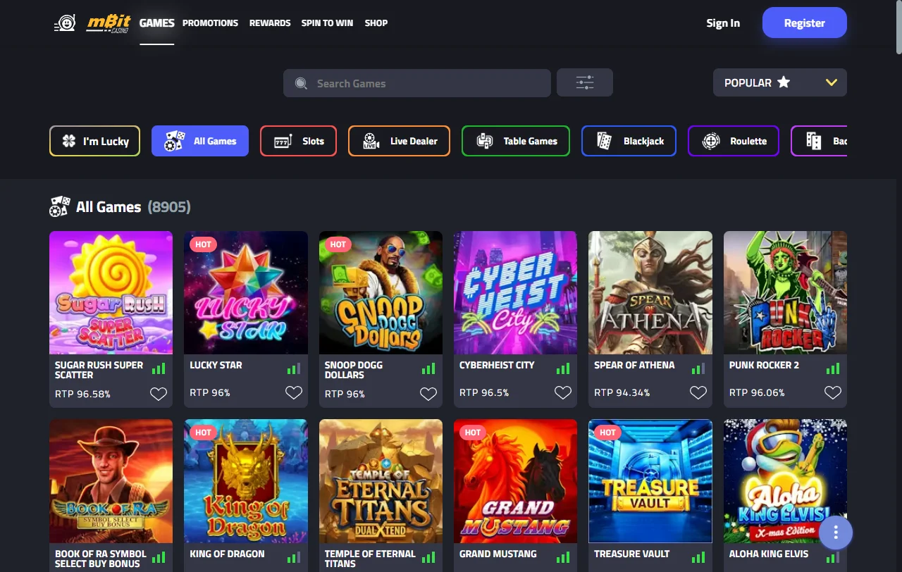 Game selection featuring 3,000+ titles from software providers at mBit Casino