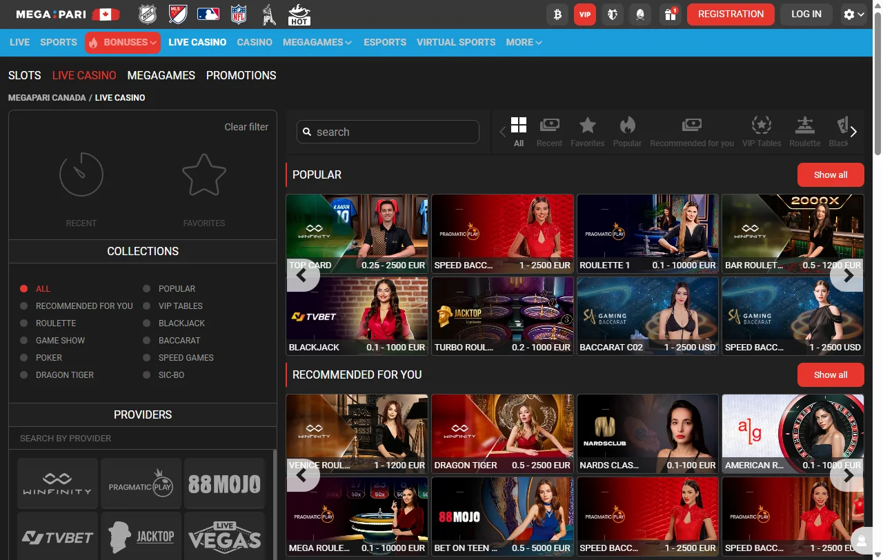 Megapari Casino game selection featuring 3,000+ titles from major software providers including Pragmatic Play and Evolution Gaming