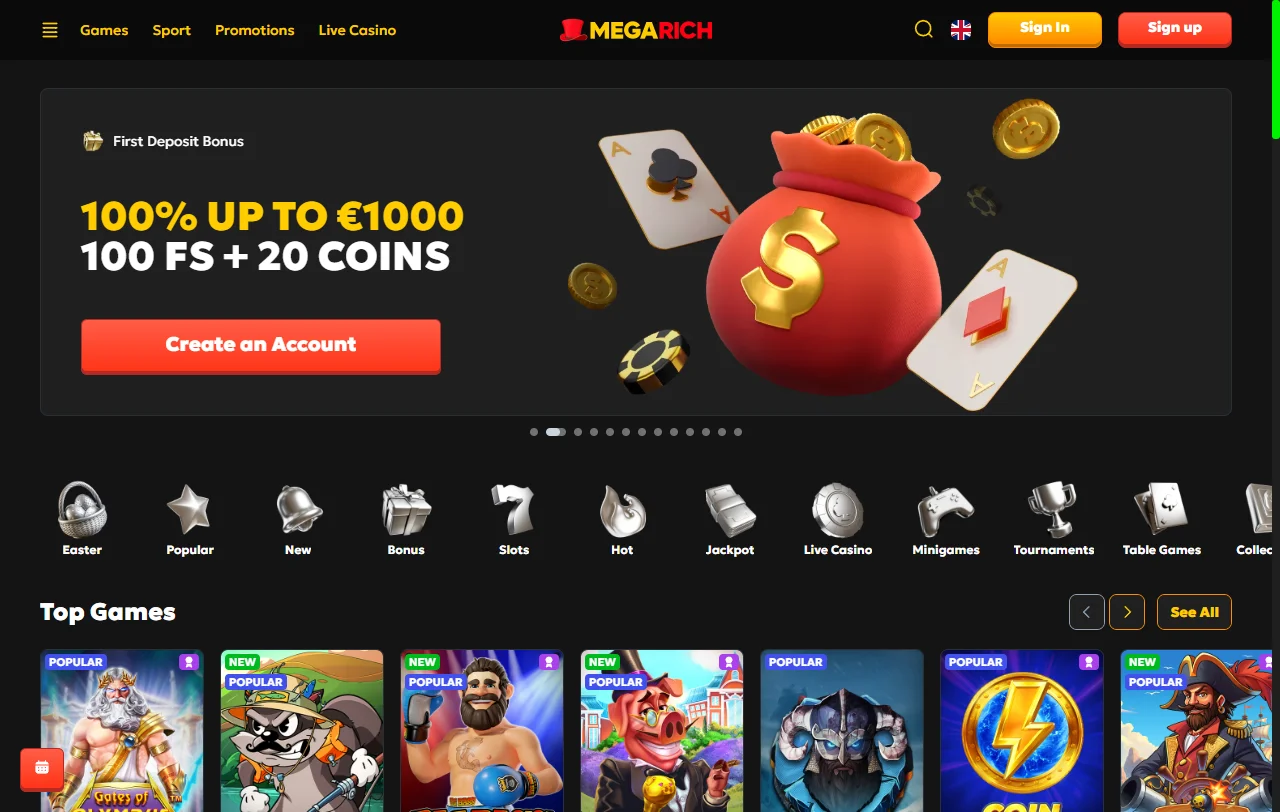 Megarich Casino desktop review showcasing complete platform overview with game library navigation and account management
