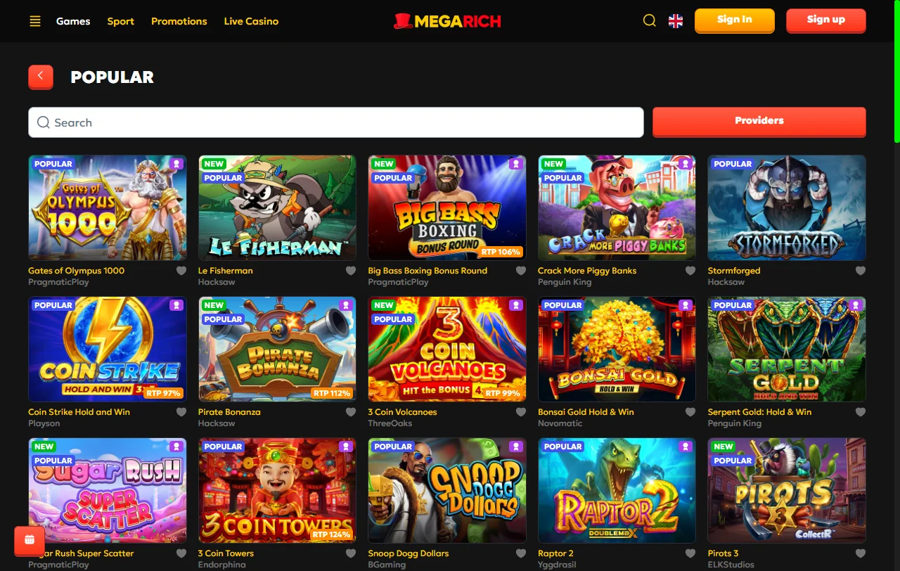Extensive slots and table game selection at Megarich Casino featuring 3,500+ titles from major software providers