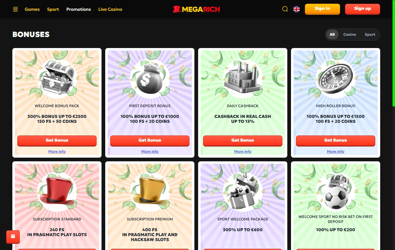Megarich Casino welcome bonus promotion displaying 100% match and free spins offer for new player registration