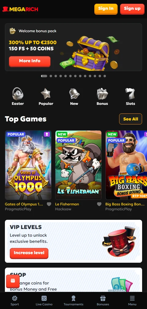 Megarich Casino mobile responsive design optimised for smartphone gaming without app installation requirement