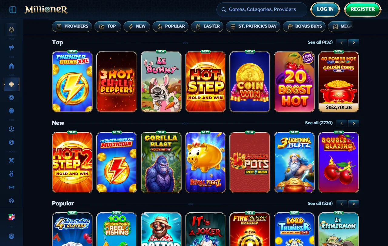 Game library showcase featuring Millioner Casino slots and table games from major software providers