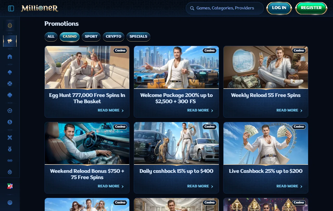 Welcome bonus and promotional offers available to new players registering at Millioner Casino