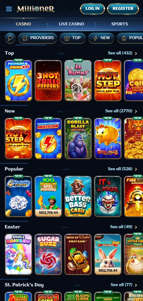Payment processing interface at Millioner Casino showing deposit and withdrawal method options