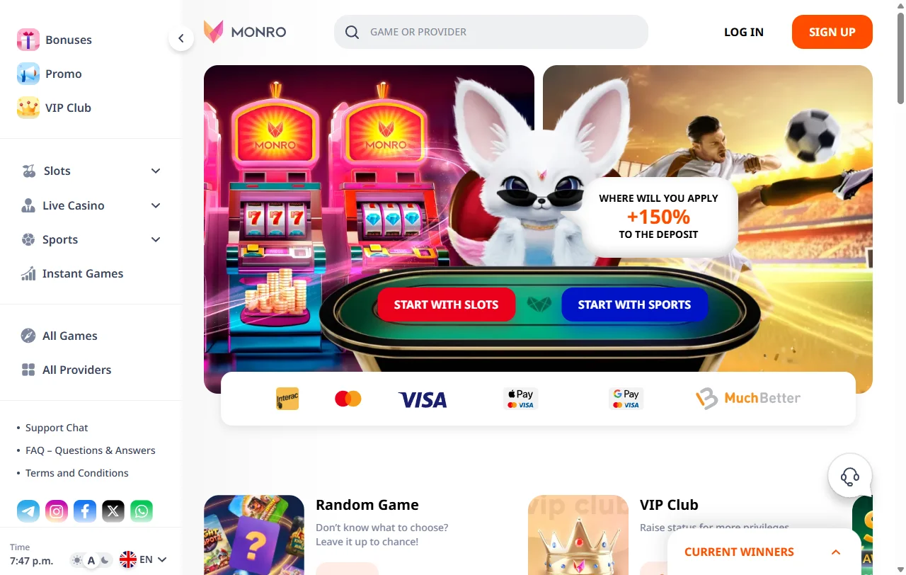 Monro Casino desktop platform overview showing comprehensive game library and navigation interface for Australian players