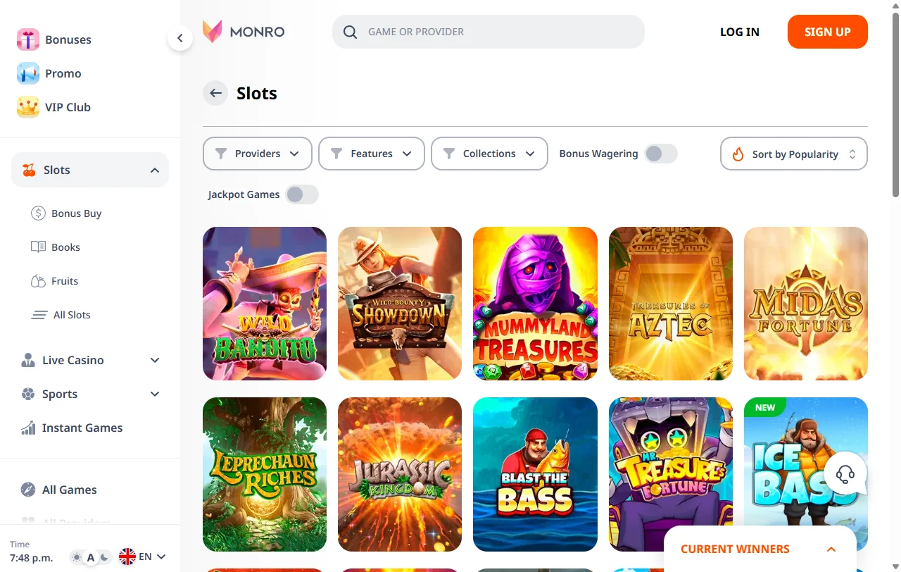 Monro Casino game selection featuring Pragmatic Play slots, Evolution Gaming live dealer tables, and NetEnt titles