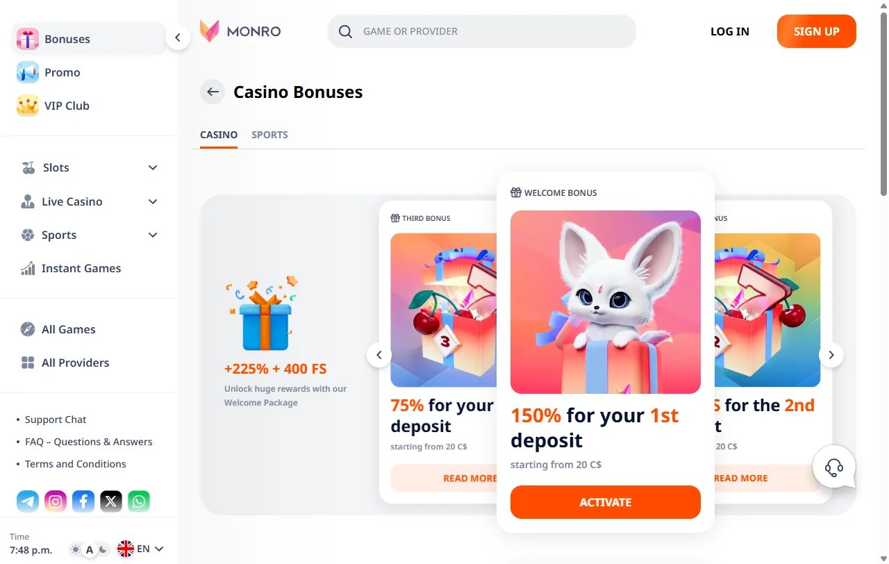 Monro Casino welcome bonus promotion displaying approximately 100% match up to 500 AUD plus 50 free spins offer details