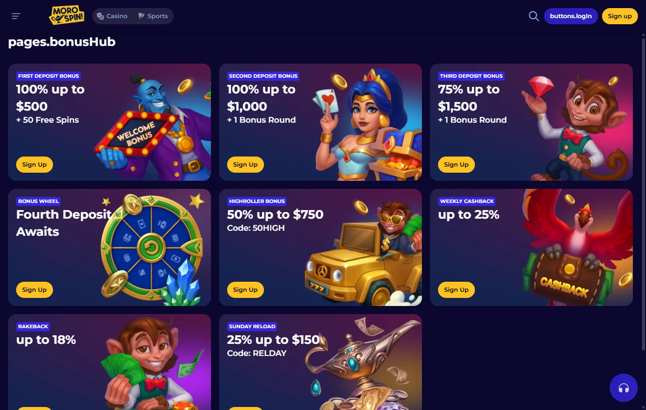 Game library display at Morospin Casino featuring slots, table games and live dealer titles from multiple providers