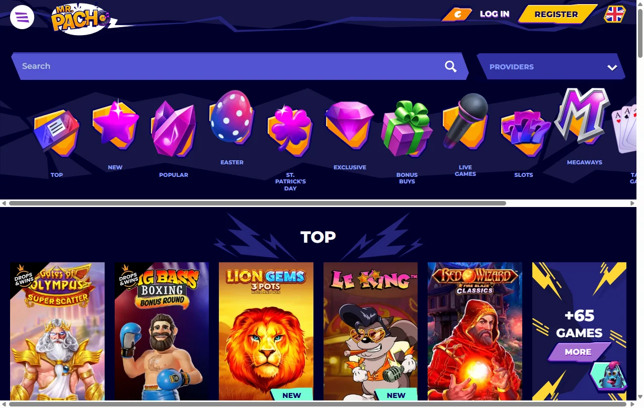 Mr. Pacho Casino game library featuring slots, table games and live dealer titles from multiple software providers