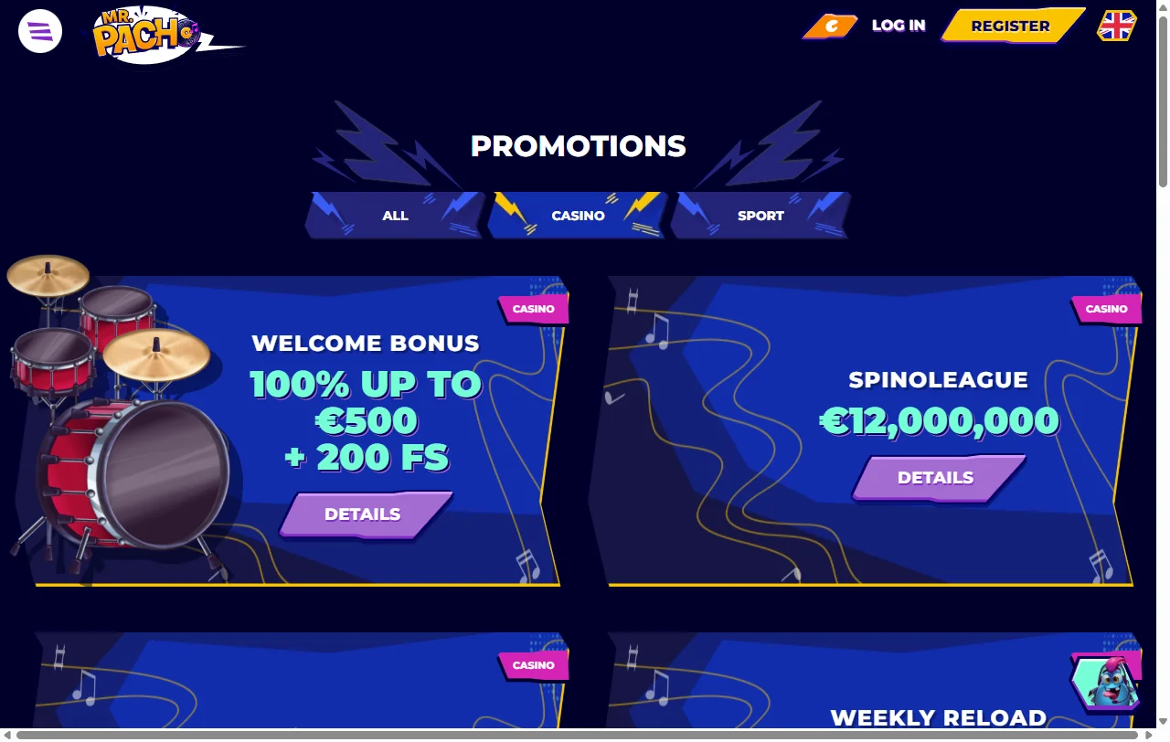 Welcome bonus and promotions at Mr. Pacho Casino including deposit matching and free spin allocations