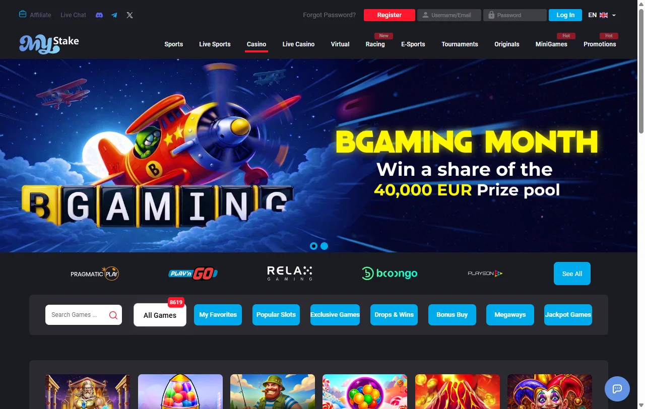 MyStake Casino game selection spanning slots, table games and live dealer entertainment from 50+ providers